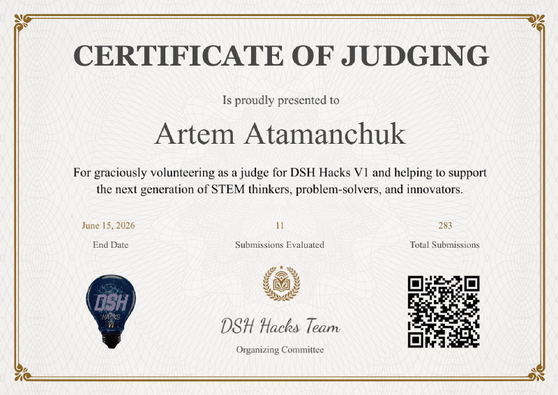 DSH Hacks V1 Judge Certificate - Artem Atamanchuk