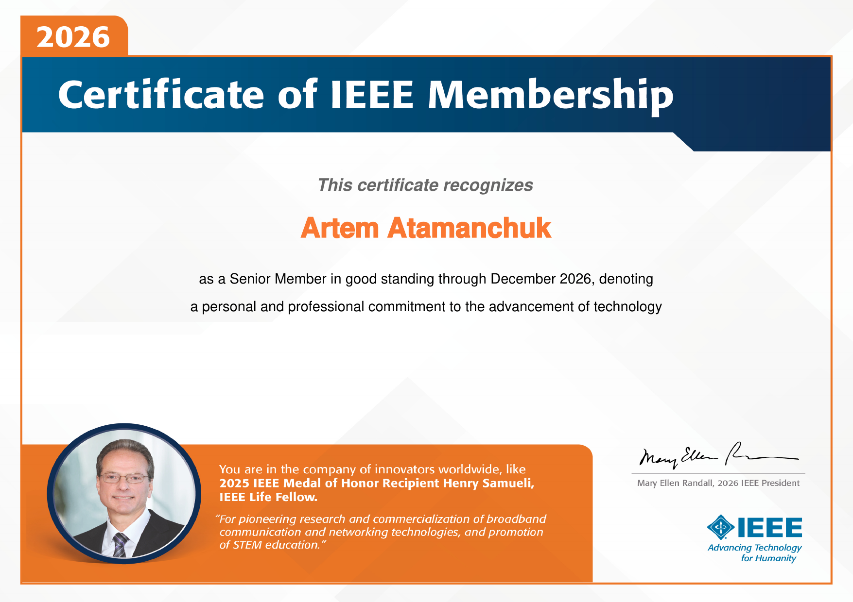 IEEE Senior Member Certificate - Artem Atamanchuk