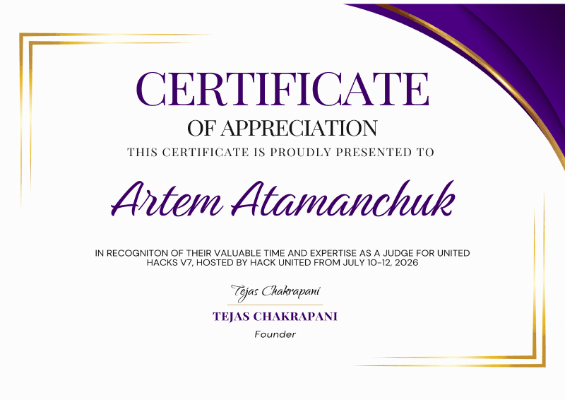 United Hacks V7 Judge Certificate - Artem Atamanchuk